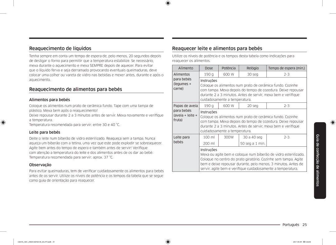 Samsung GE83X/XEC Reaquecimento de líquidos, Reaquecimento de alimentos para bebés, Reaquecer leite e alimentos para bebés 