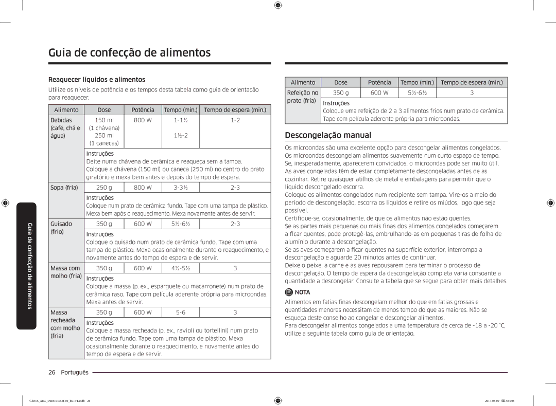 Samsung GE83X/XEC Descongelação manual, Reaquecer líquidos e alimentos 