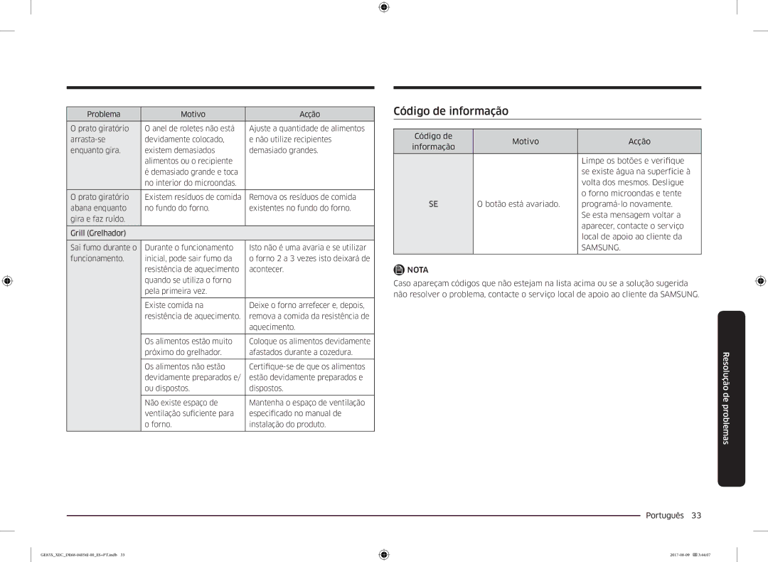 Samsung GE83X/XEC manual Código de informação 