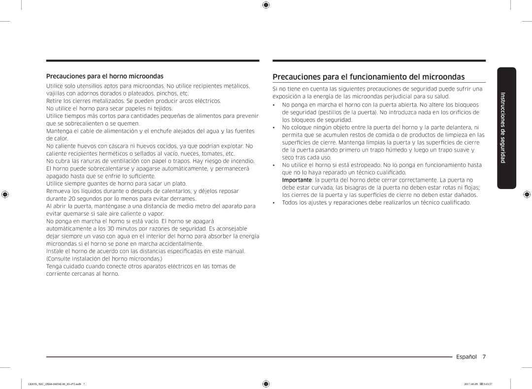 Samsung GE83X/XEC manual Precauciones para el funcionamiento del microondas, Precauciones para el horno microondas 