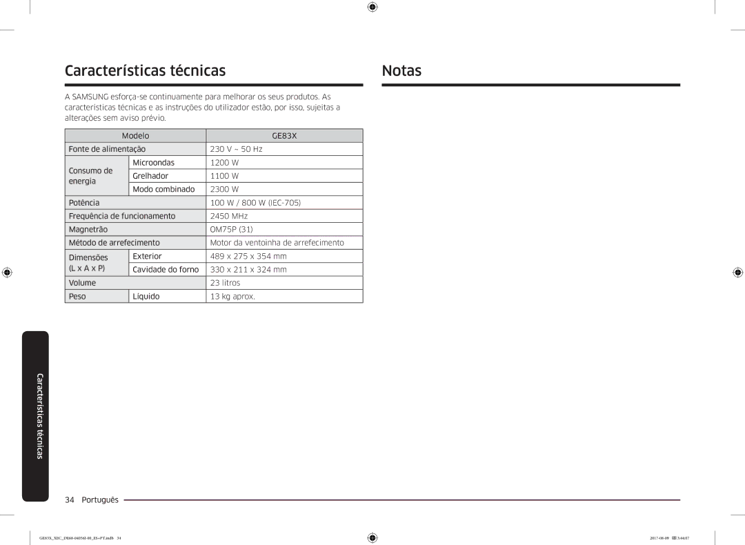 Samsung GE83X/XEC manual Características técnicas Notas 