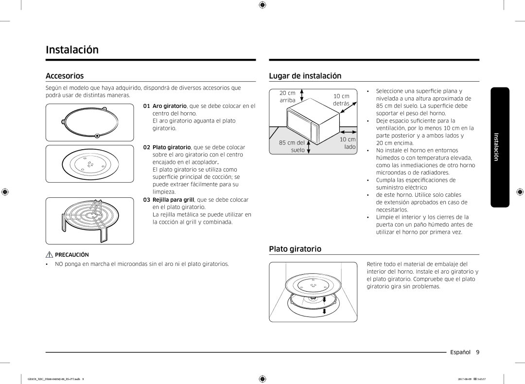 Samsung GE83X/XEC manual Instalación, Accesorios, Lugar de instalación, Plato giratorio 