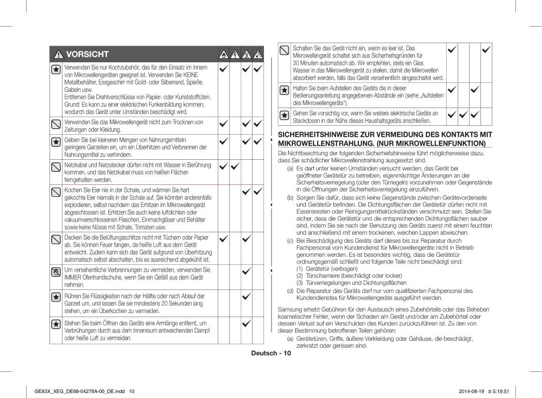 Samsung GE83X/XEO, GE83X/XEG manual Vorsicht 