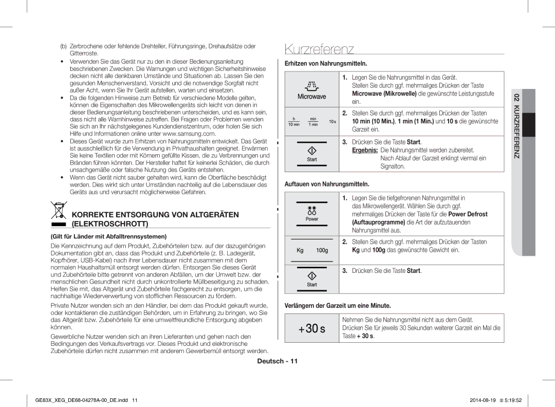 Samsung GE83X/XEG, GE83X/XEO Kurzreferenz, Korrekte Entsorgung VON Altgeräten Elektroschrott, Erhitzen von Nahrungsmitteln 