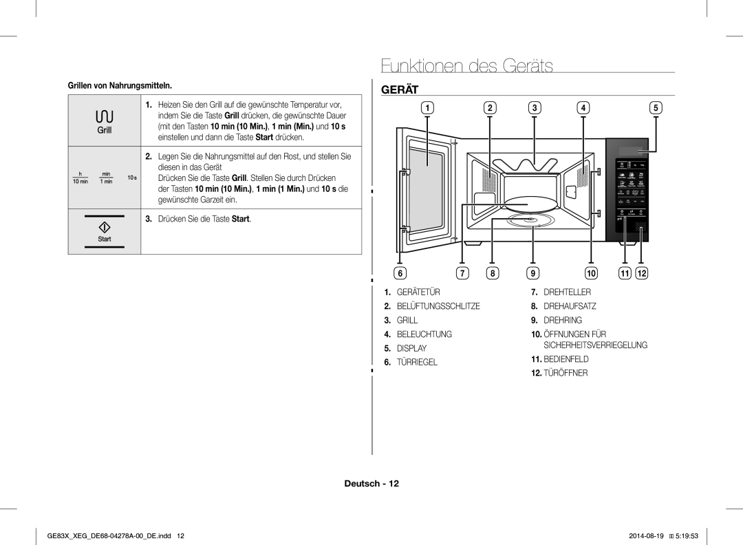 Samsung GE83X/XEO, GE83X/XEG manual Funktionen des Geräts, Grillen von Nahrungsmitteln 