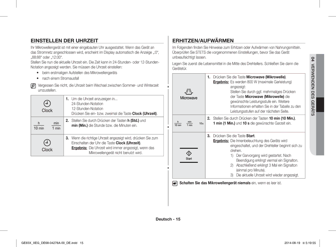 Samsung GE83X/XEG, GE83X/XEO manual Einstellen DER Uhrzeit, Erhitzen/Aufwärmen 