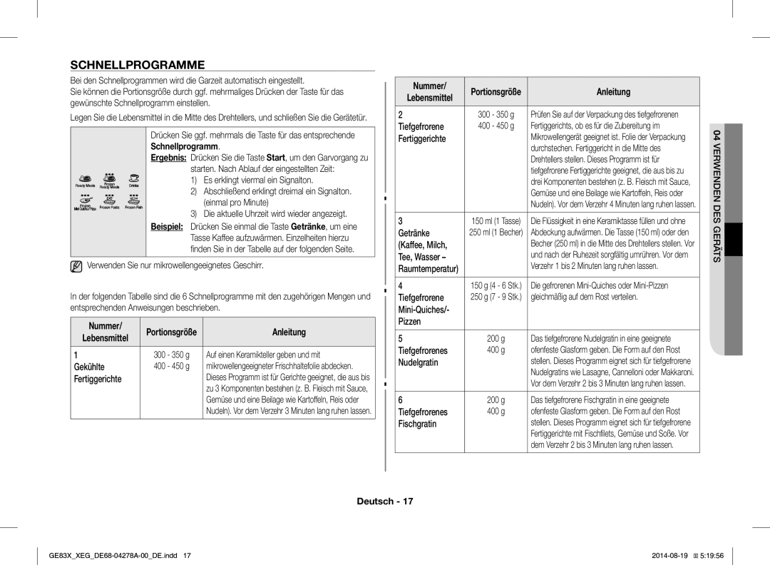 Samsung GE83X/XEG, GE83X/XEO manual Schnellprogramme, Portionsgröße 