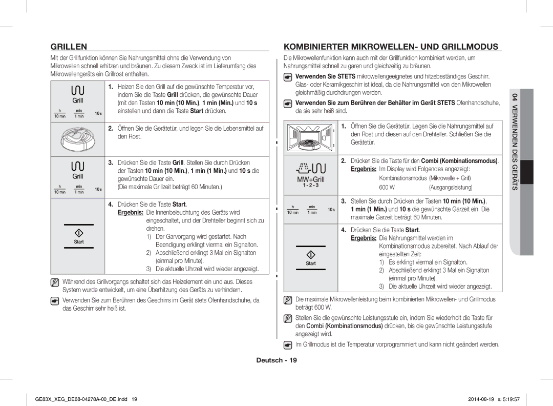 Samsung GE83X/XEG manual Grillen, Kombinierter MIKROWELLEN- UND Grillmodus, Ergebnis Im Display wird Folgendes angezeigt 