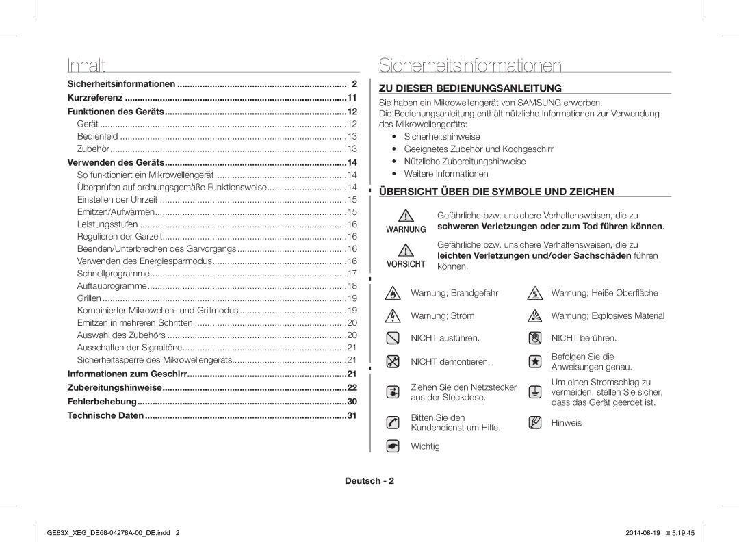 Samsung GE83X/XEO Sicherheitsinformationen, ZU Dieser Bedienungsanleitung, Übersicht Über DIE Symbole UND Zeichen, Deutsch 