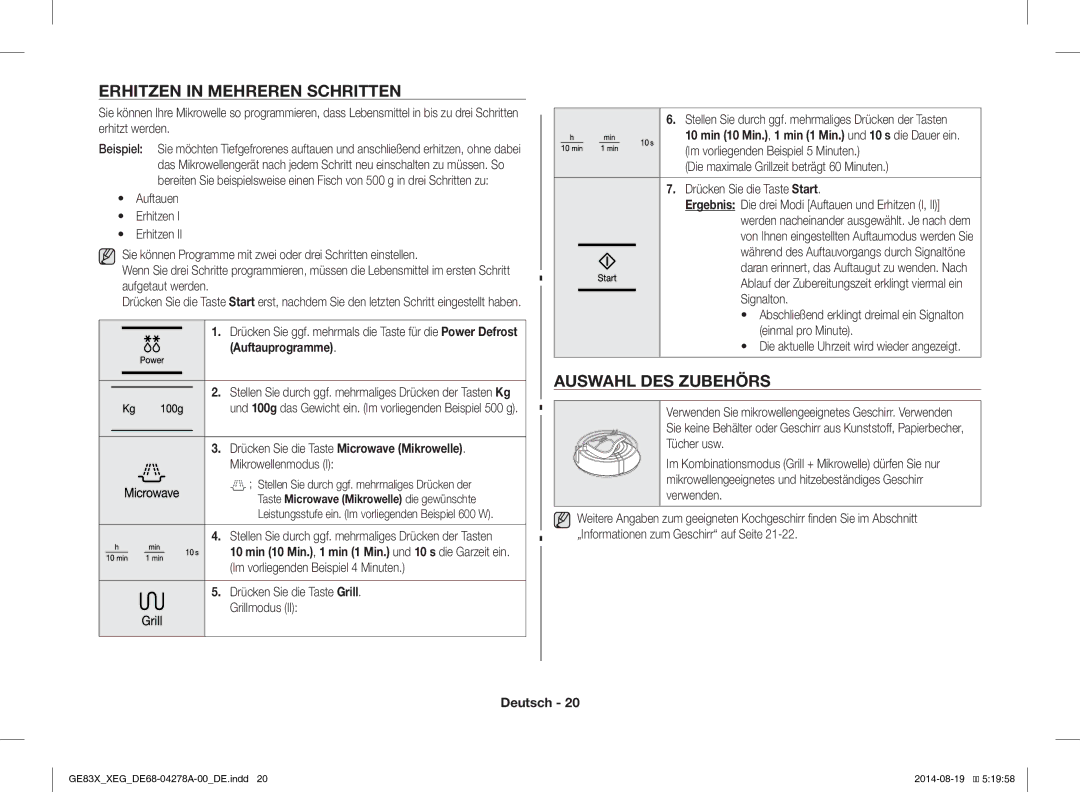 Samsung GE83X/XEO, GE83X/XEG manual Erhitzen in Mehreren Schritten, Auswahl DES Zubehörs, Auftauprogramme 