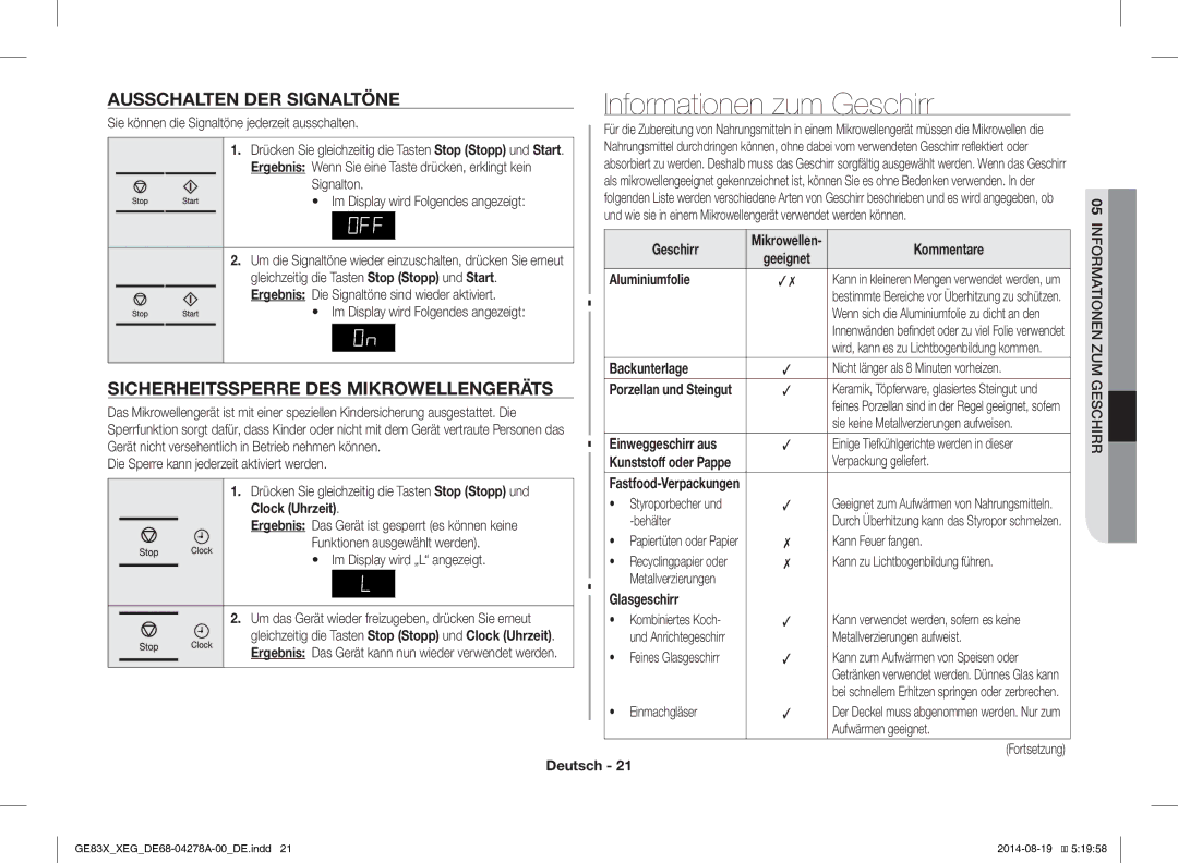 Samsung GE83X/XEG manual Informationen zum Geschirr, Ausschalten DER Signaltöne, Sicherheitssperre DES Mikrowellengeräts 