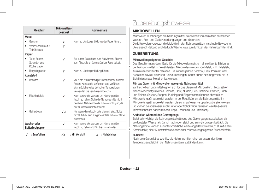 Samsung GE83X/XEO, GE83X/XEG manual Zubereitungshinweise, Mikrowellen 