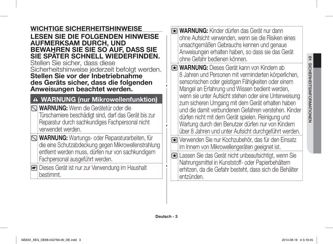 Samsung GE83X/XEG, GE83X/XEO manual Dieses Gerät ist nur zur Verwendung im Haushalt bestimmt 