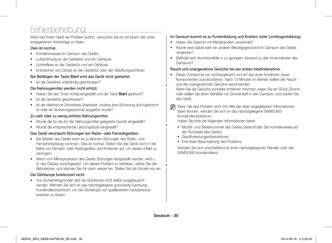 Samsung GE83X/XEO, GE83X/XEG manual Fehlerbehebung, Die Glühlampe funktioniert nicht 