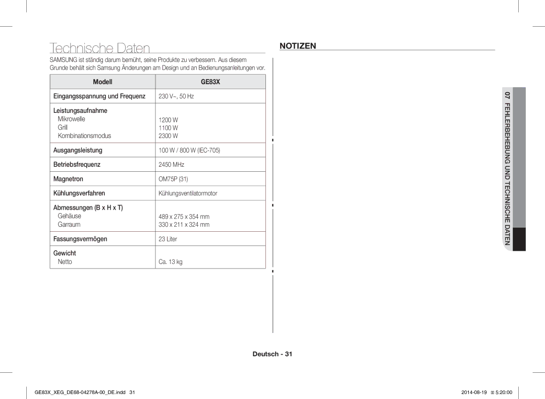 Samsung GE83X/XEG, GE83X/XEO manual Notizen, Modell 