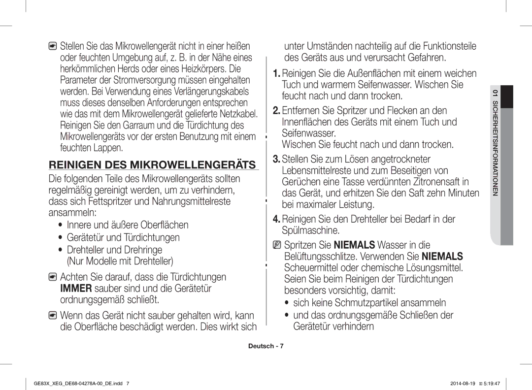 Samsung GE83X/XEG, GE83X/XEO manual Reinigen DES Mikrowellengeräts 