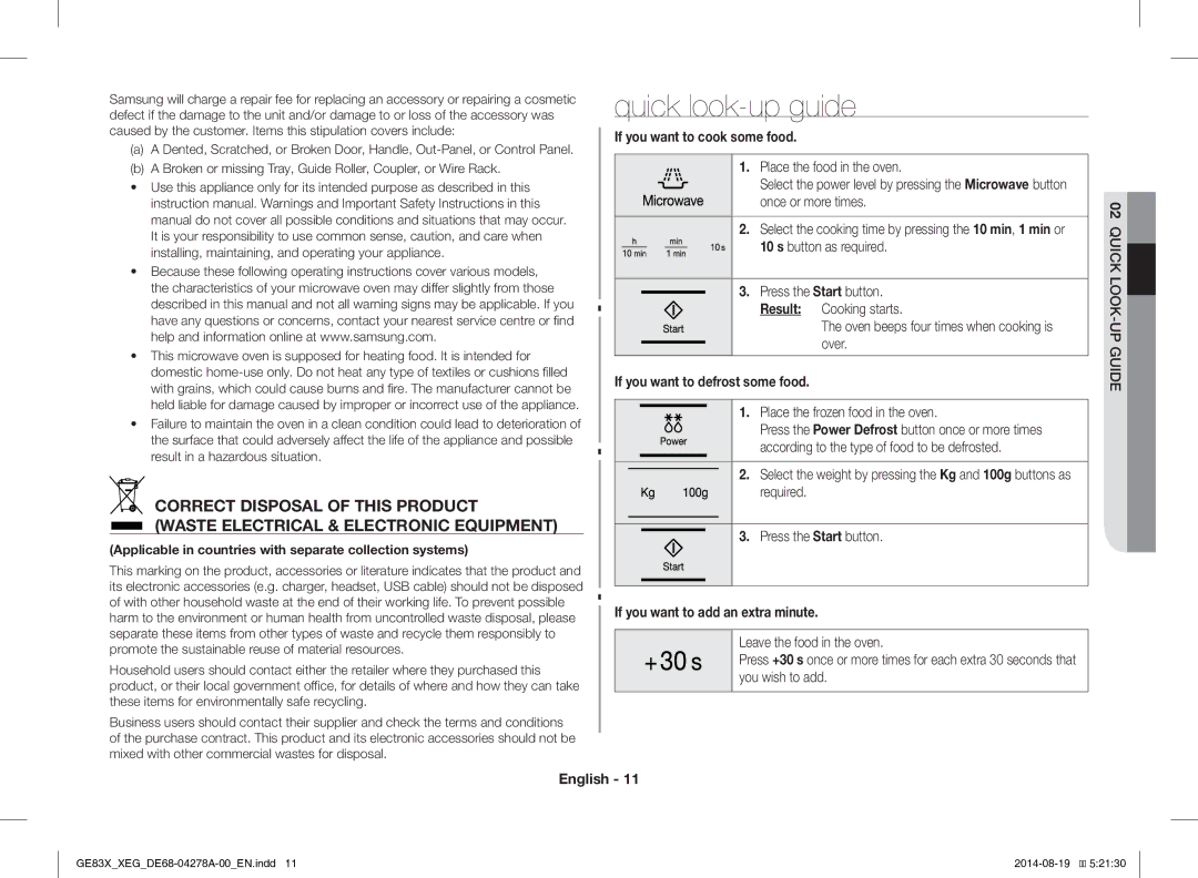 Samsung GE83X/XEG, GE83X/XEO manual Quick look-up guide, If you want to cook some food, If you want to defrost some food 