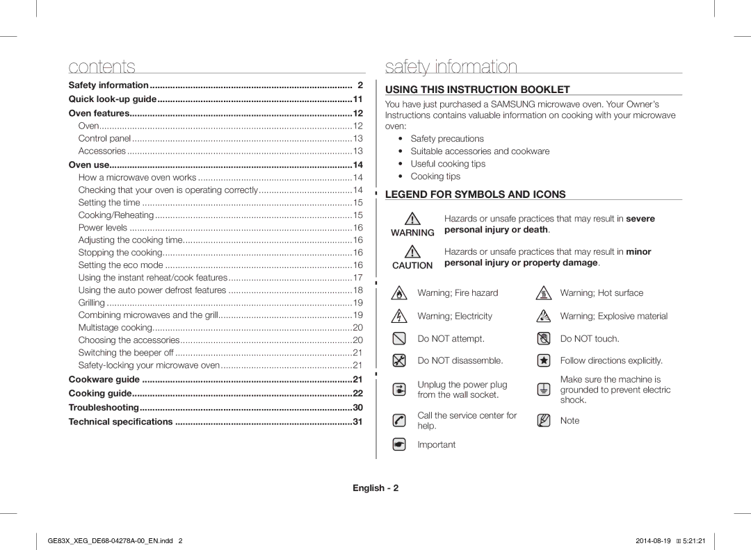 Samsung GE83X/XEO, GE83X/XEG manual Safety information, Contents 