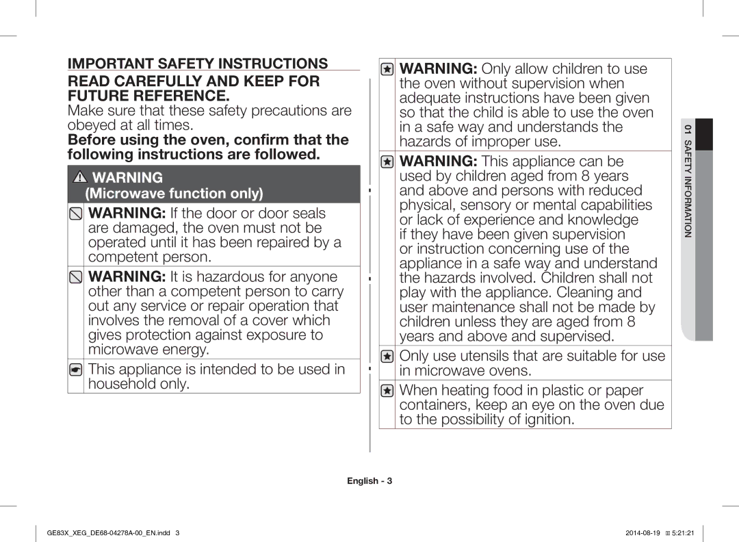 Samsung GE83X/XEG, GE83X/XEO manual Read Carefully and Keep for Future Reference 