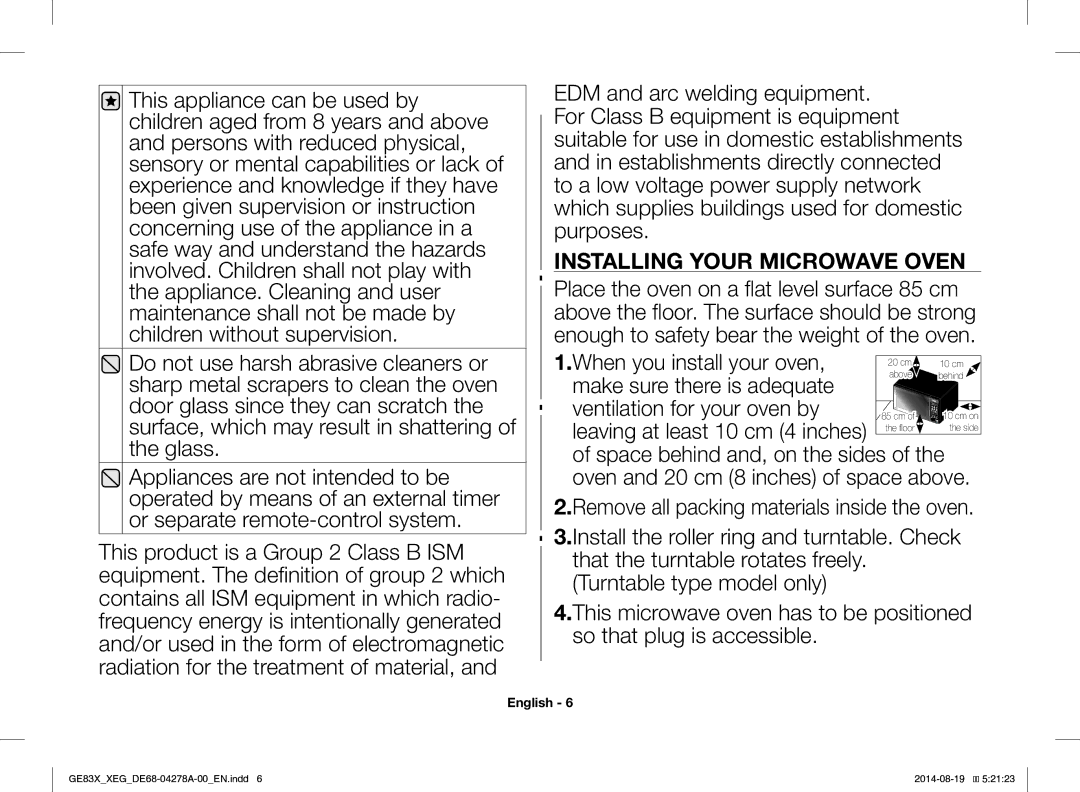 Samsung GE83X/XEO, GE83X/XEG manual Installing Your Microwave Oven 