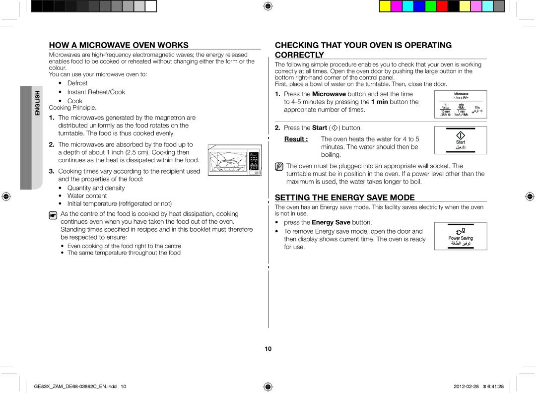 Samsung GE83X/ZAM How a microwave oven works, Checking that your oven is operating correctly, Setting the energy save mode 