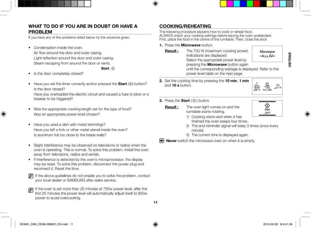 Samsung GE83X/ZAM manual What to do if you are in doubt or have a problem, Cooking/Reheating, Result 