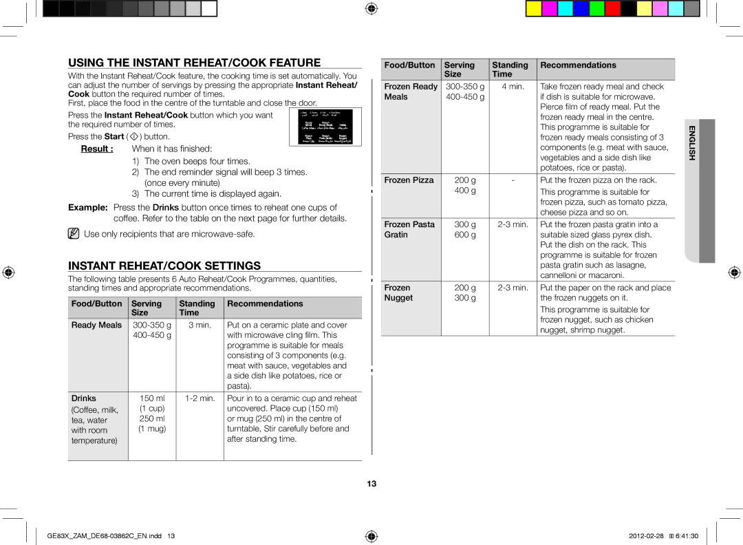 Samsung GE83X/ZAM manual Using the instant reheat/cook feature, Instant reheat/cook settings 