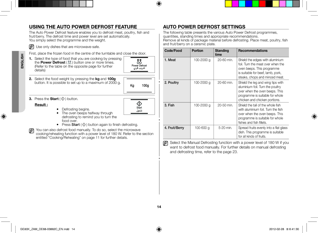 Samsung GE83X/ZAM manual Using the auto Power defrost feature, Auto power defrost settings, Result 