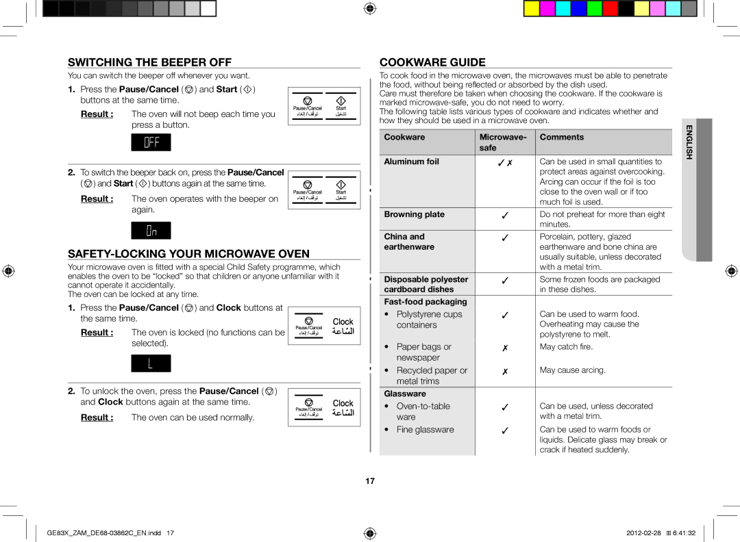 Samsung GE83X/ZAM manual Switching the beeper off, Safety-locking your microwave oven, Cookware guide 