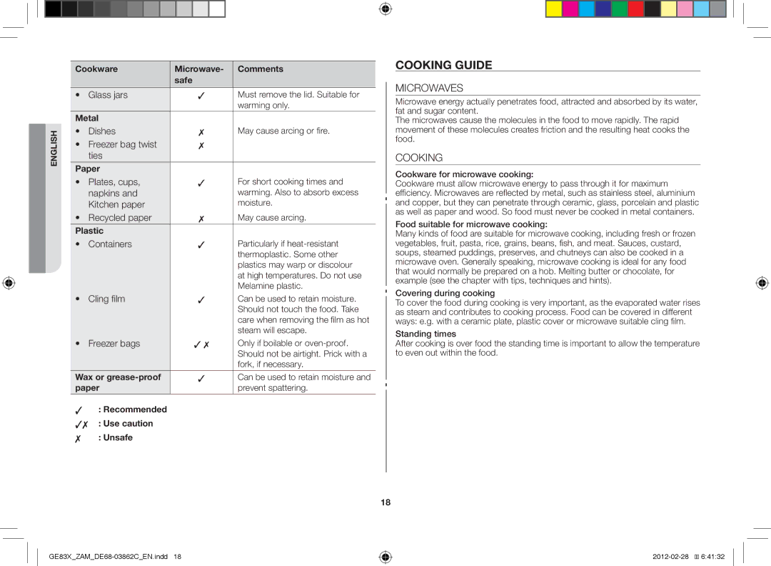 Samsung GE83X/ZAM manual Cooking guide 