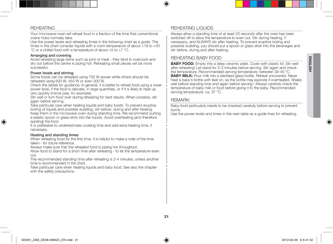 Samsung GE83X/ZAM manual Reheating 