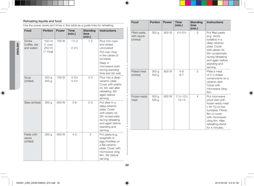 Samsung GE83X/ZAM manual Reheating liquids and food 