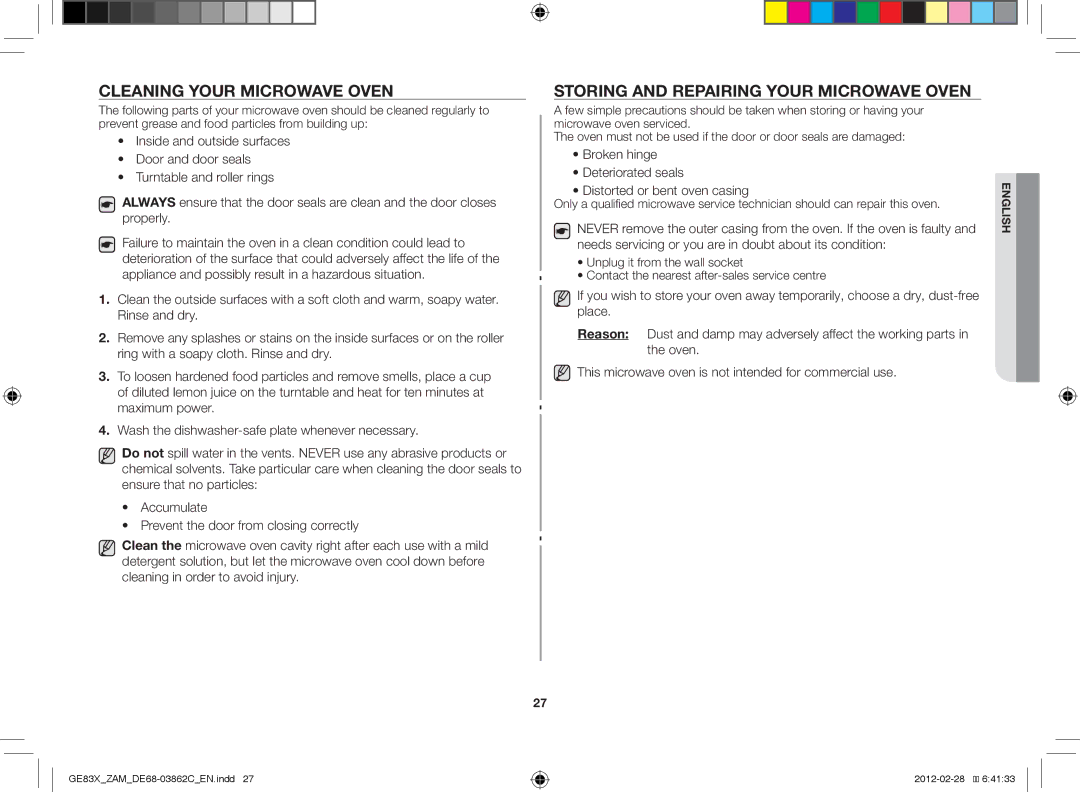 Samsung GE83X/ZAM manual Cleaning your microwave oven, Storing and repairing your microwave oven 