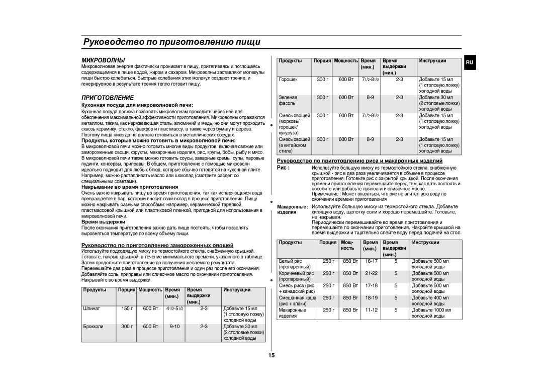 Samsung GE83ZR-Y/SBW, GE83ZR-Y/BWT manual Руководство по приготовлению пищи, Микроволны, Приготовление 