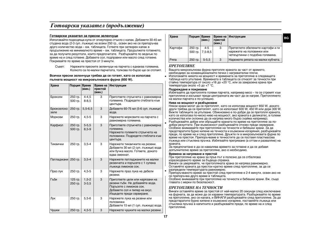 Samsung GE86N-S/BOL, GE86N-B/BOL manual Претопляне НА Течности, Готварски указател за пресни зеленчуци 