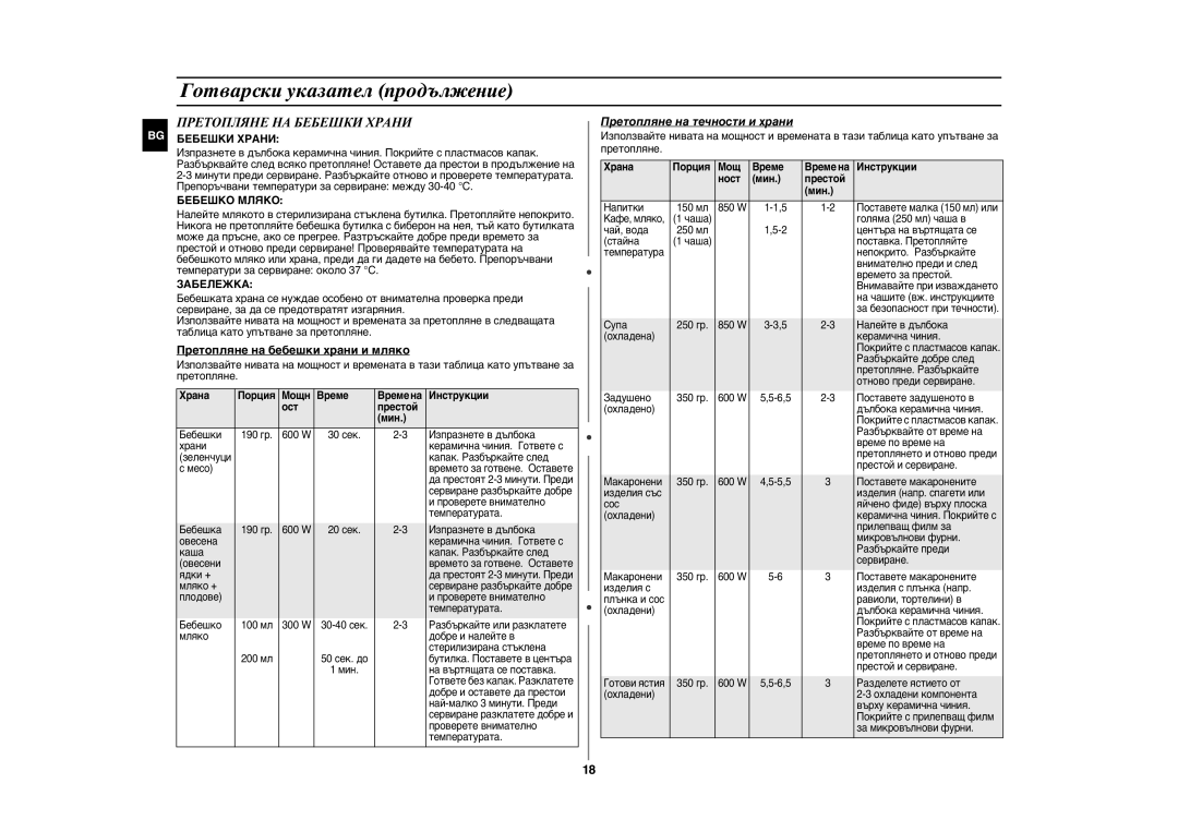 Samsung GE86N-B/BOL manual Претопляне НА Бебешки Храни, Бебешко Мляко, Забележка, Претопляне на бебешки храни и мляко 