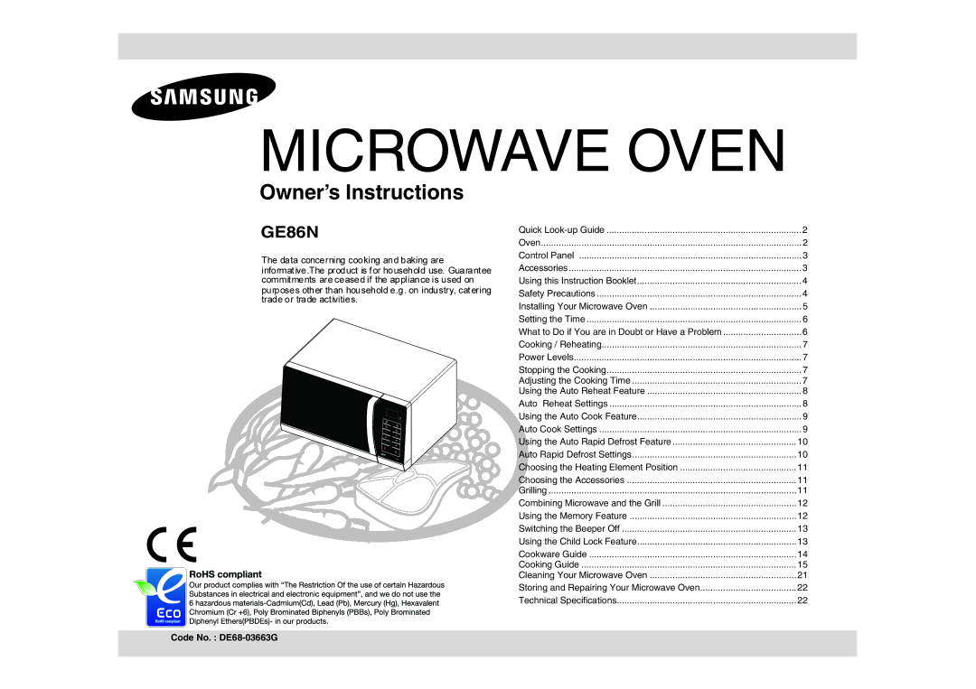 Samsung GE86N-B/XEH manual Microwave Oven, Code No. DE68-03663G 