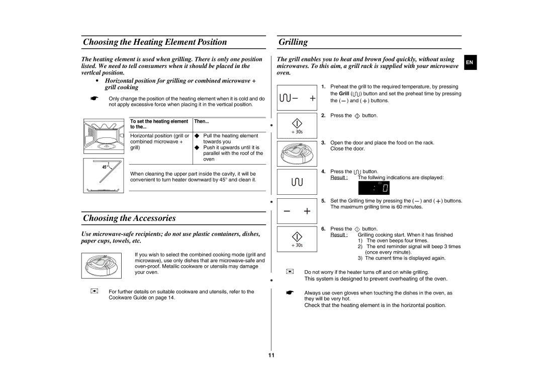 Samsung GE86N-B/XEH manual Choosing the Heating Element Position Grilling, Choosing the Accessories 