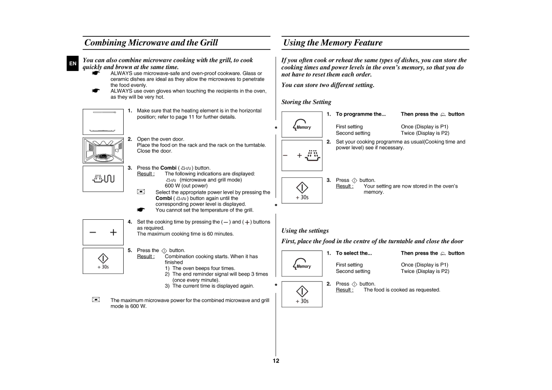 Samsung GE86N-B/XEH manual Combining Microwave and the Grill Using the Memory Feature, Quickly and brown at the same time 