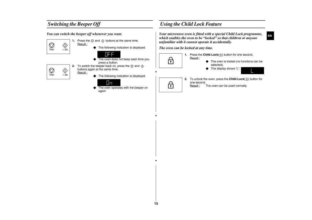 Samsung GE86N-B/XEH manual Switching the Beeper Off, Using the Child Lock Feature 