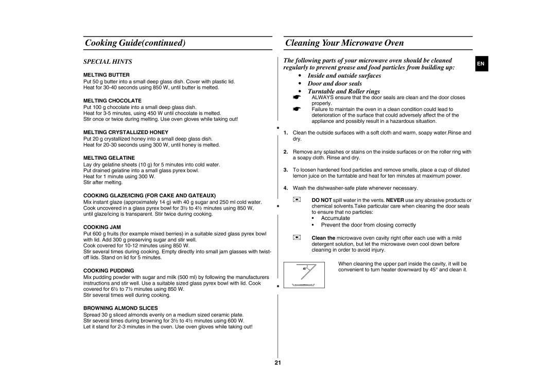 Samsung GE86N-B/XEH manual Cleaning Your Microwave Oven, Special Hints 