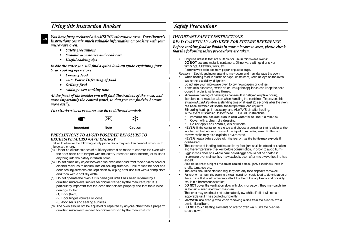 Samsung GE86N-B/XEH manual Using this Instruction Booklet, Safety Precautions, Important Note Caution 