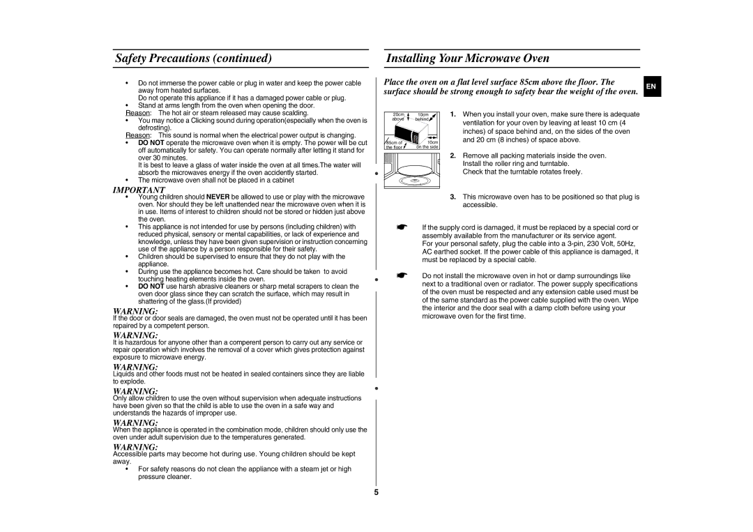 Samsung GE86N-B/XEH manual Installing Your Microwave Oven 