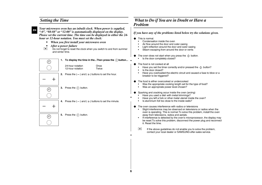 Samsung GE86N-B/XEH manual Setting the Time, What to Do if You are in Doubt or Have a Problem 