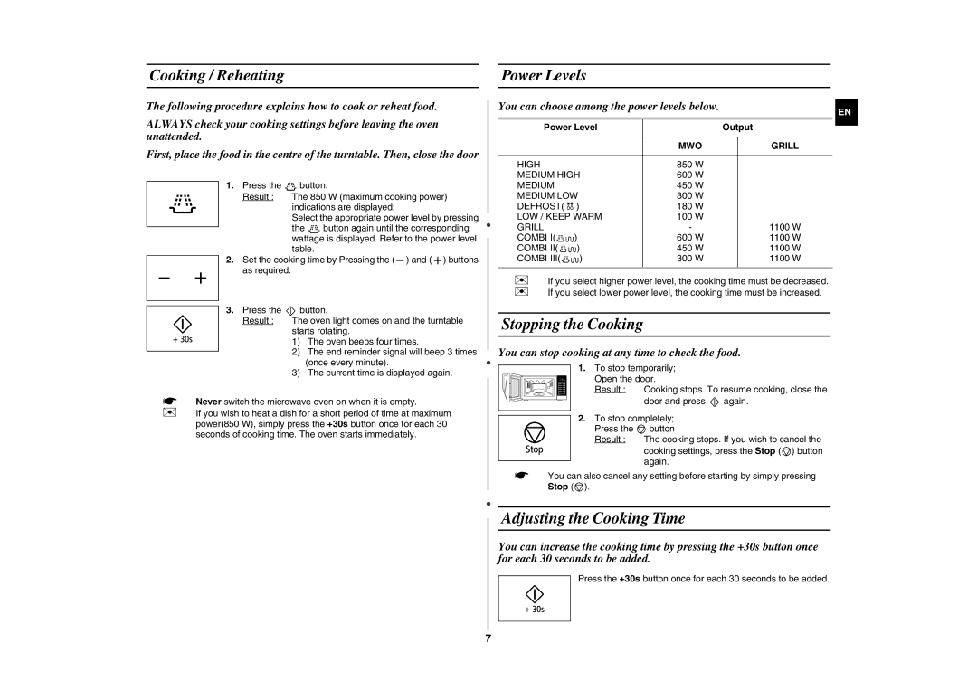 Samsung GE86N-B/XEH manual Cooking / Reheating Power Levels, Stopping the Cooking, Adjusting the Cooking Time 