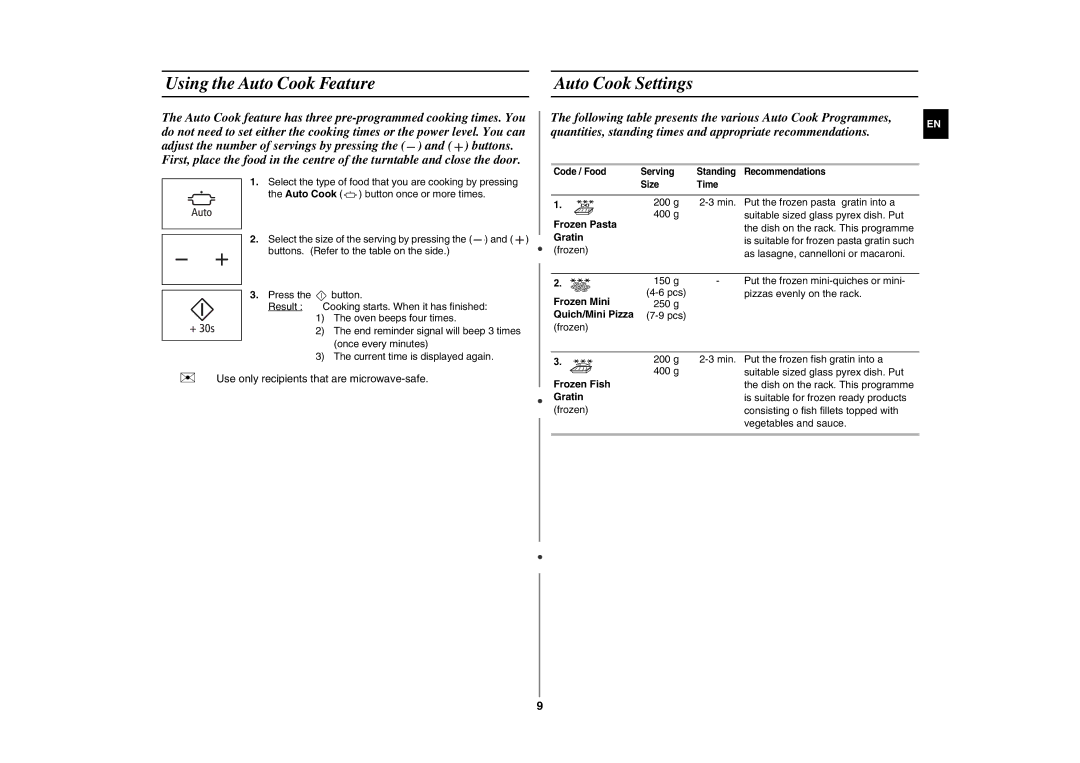 Samsung GE86N-B/XEH manual Using the Auto Cook Feature Auto Cook Settings 