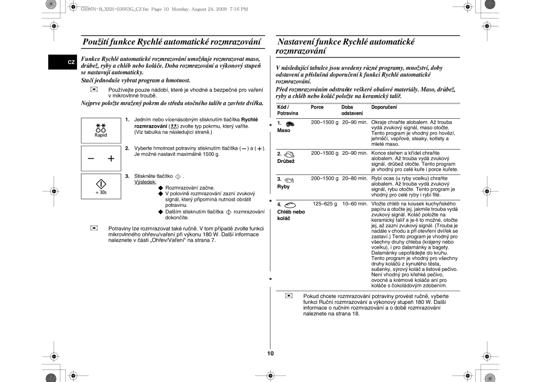 Samsung GE86N-B/XEH manual Použití funkce Rychlé automatické rozmrazování, Nastavení funkce Rychlé automatické rozmrazování 