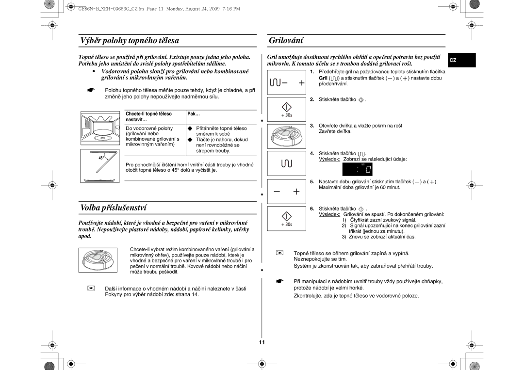 Samsung GE86N-B/XEH manual Výběr polohy topného tělesa Grilování, Volba příslušenství 