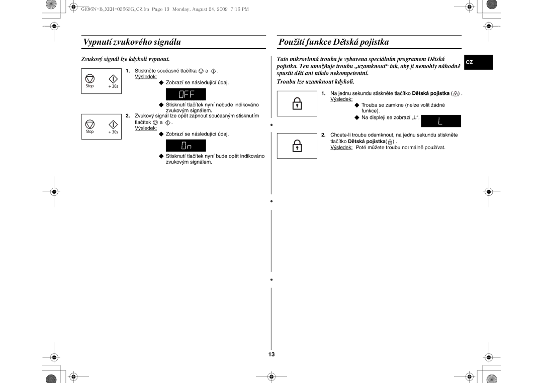 Samsung GE86N-B/XEH manual Vypnutí zvukového signálu Použití funkce Dětská pojistka, Zvukový signál lze kdykoli vypnout 