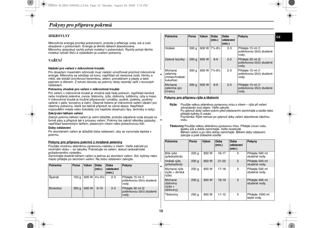 Samsung GE86N-B/XEH manual Pokyny pro přípravu pokrmů, Mikrovlny, Vaření 